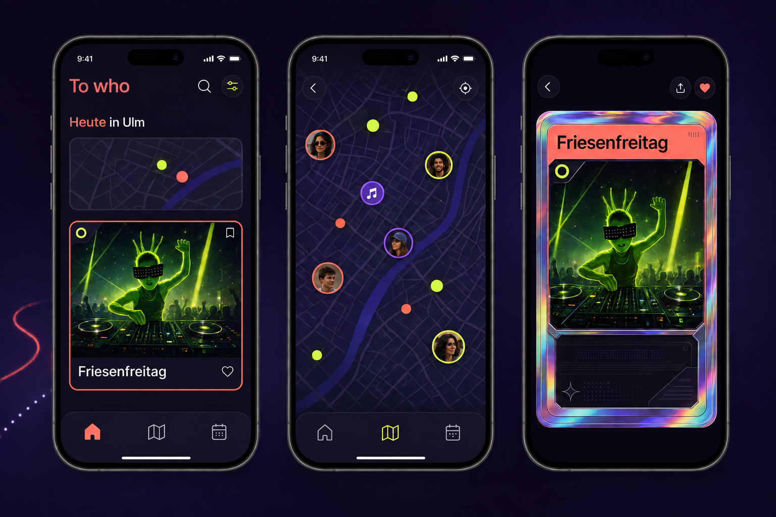 To who App-Vorschau mit Event-Feed, Karte und Eventdetail